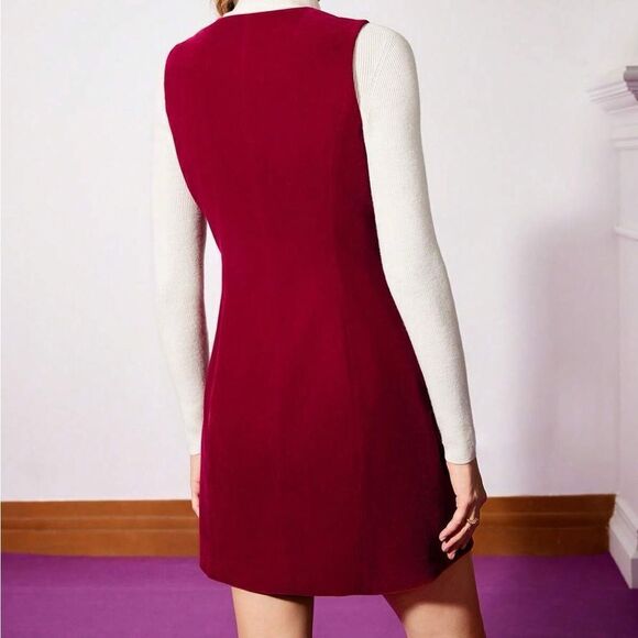 MOTF SLEEVELESS VELVET BLAZER DRESS W/OUT T Burgundy Double-Breasted Dress SZ M - Picture 10 of 14